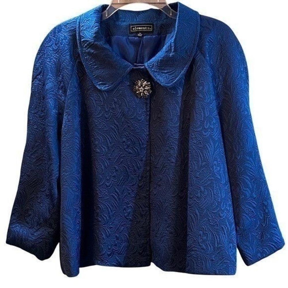 elementz Womens XL Cobalt Blue Jacquard Brocade Cape Jacket Cropped Swing Blazer